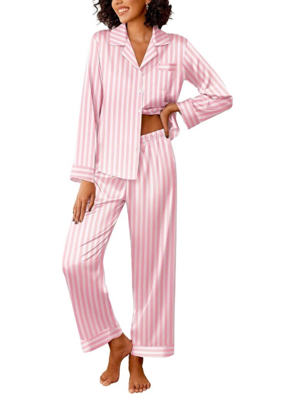 Silk Satin Pajama Set for Women - 2 Piece Striped Sleepwear, Cozy & Stylish PJs